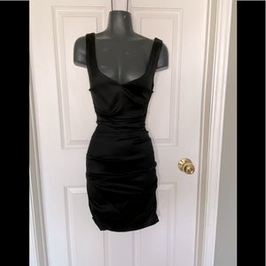 Le Chateau black satin ruched cocktail dress